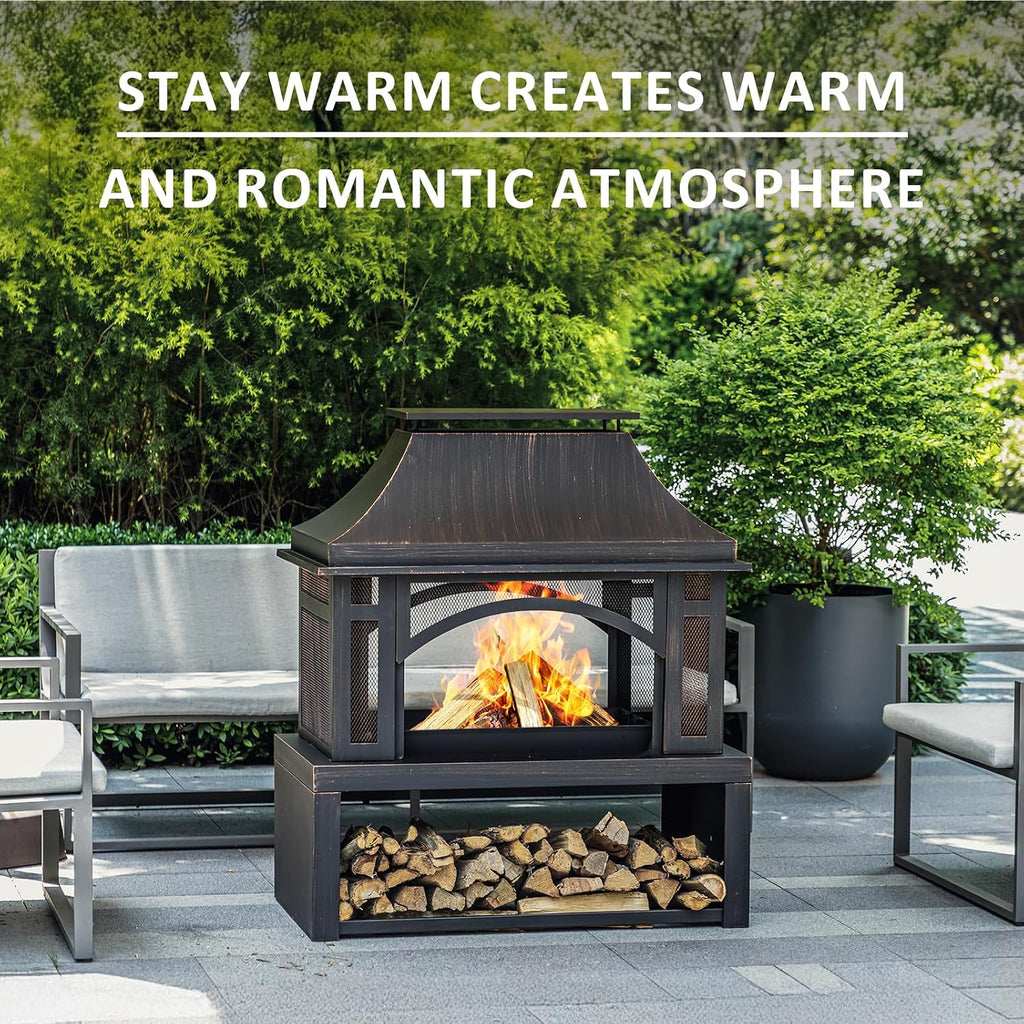 39" Fire Pits with Wood Storage for Outside, Large Wood Burning Outdoor Fireplace with Chimney
