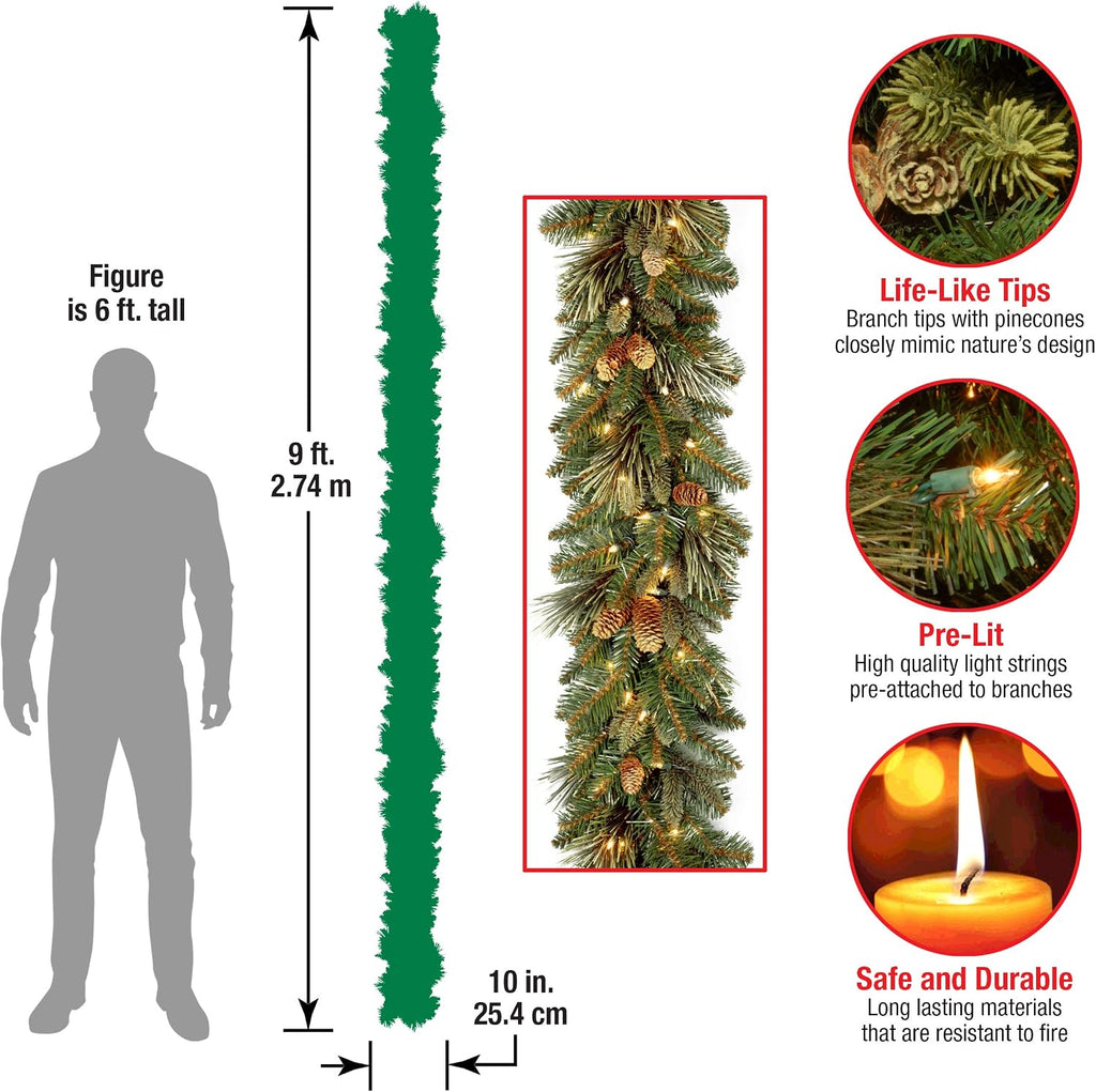 Tree Company 9ft Pre-Lit Carolina Pine Christmas Garland | 100 Clear Lights, 240 Tips, Artificial Christmas