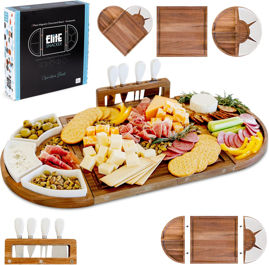Large Charcuterie Board Set, Acacia Wood, Oil Finish | Magnetic 3-Piece Acacia Wood Design, Reshapes Circle Square