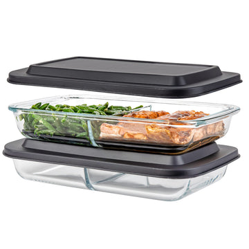 Divided Glass Casserole Baking Dish, Rectangular Bakeware Set 2.3 Qt Each, Oven to Table Clear Glass Lasagna Pan with
