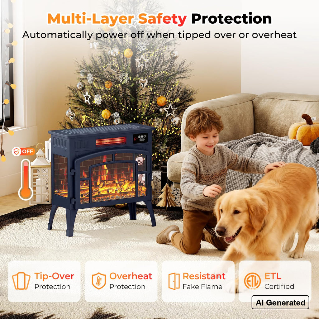 23" Electric Fireplace Heater, Freestanding Fireplace Stove, Infrared Heating, 3D Flame, Thermostat, Overheat