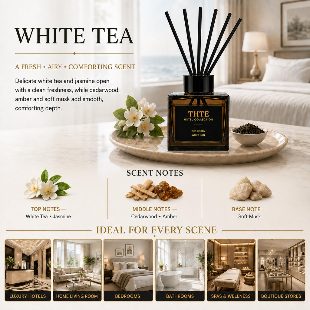 White Tea Reed Diffuser, Airy Clean Hotel-Inspired Scent with Soft Musk, Long-Lasting Home Fragrance with Black