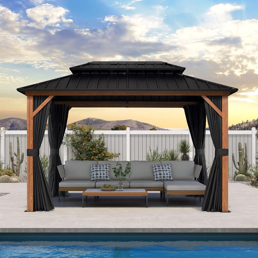 8' X 12' Hardtop Gazebo Outdoor Wood Grain Aluminum Frame Galvanized Steel Double Roof Gazebos with Netting and