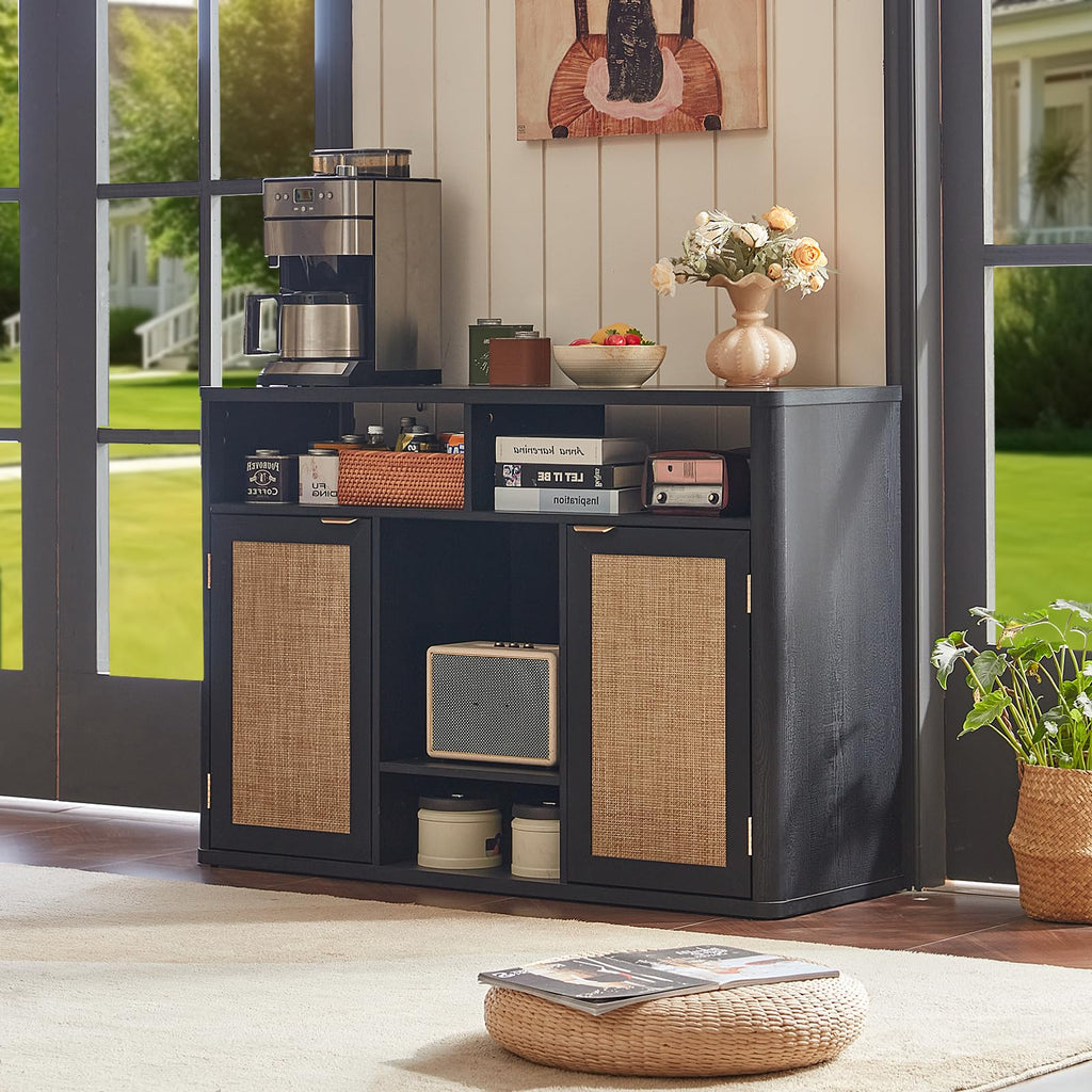 Rattan Wine Bar Cabinet with Storage, Black