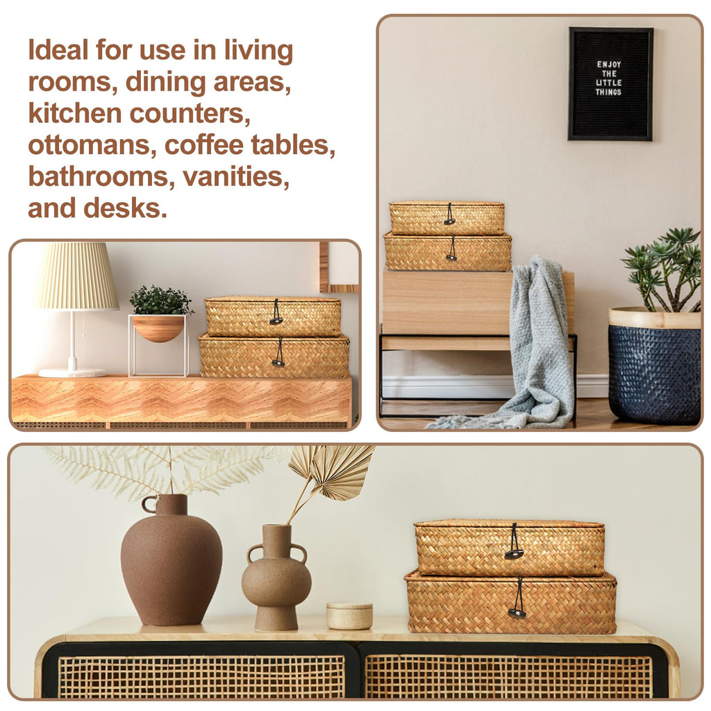 5 Pcs Seagrass Basket with Lid 5 Sizes Decorative Storage Boxes Rattan Wicker Storage Basket with Lids Woven