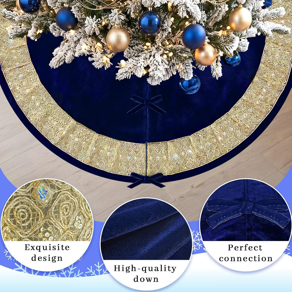 Blue Velvet Christmas Tree Skirt, Gold Glitter Trim Xmas Tree Decor