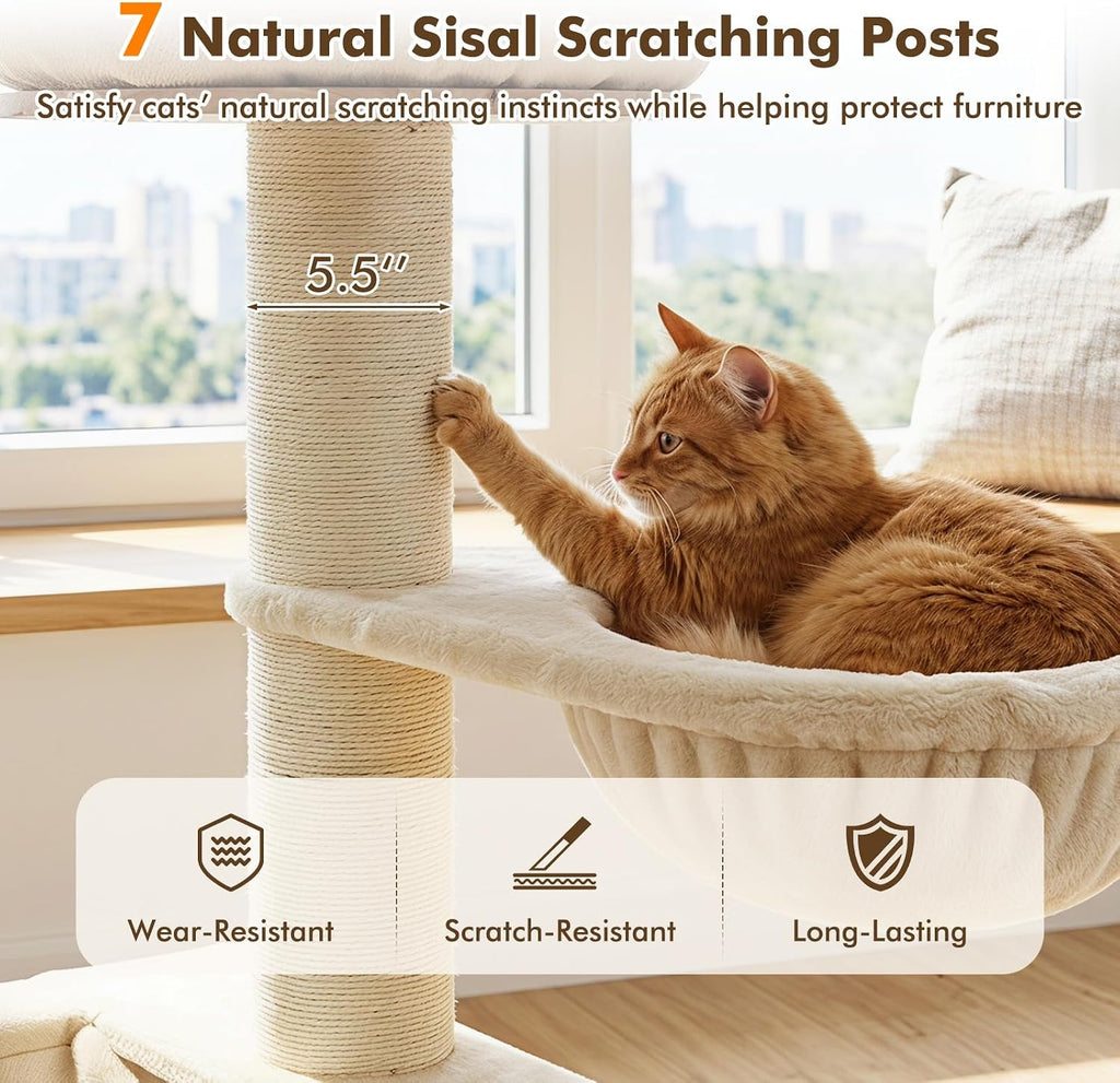 75.5-inch Tall Wooden Cat Tree, Multi-Level Modern Cat Tower, Beige