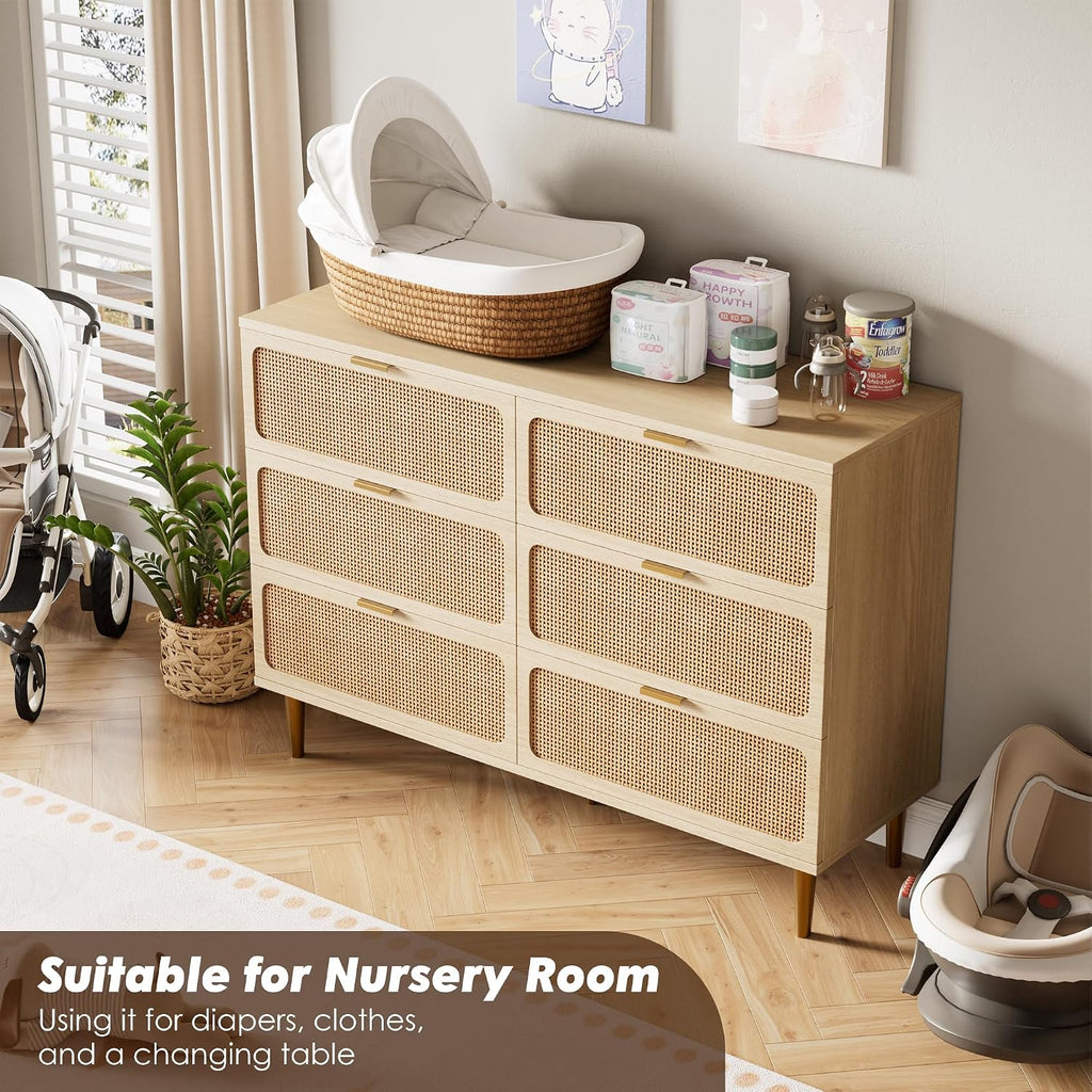 Rattan 6 Drawer Dresser , Large Double Dresser with Deep Drawers, Wooden Chest of Drawers for Closet with Wide Top
