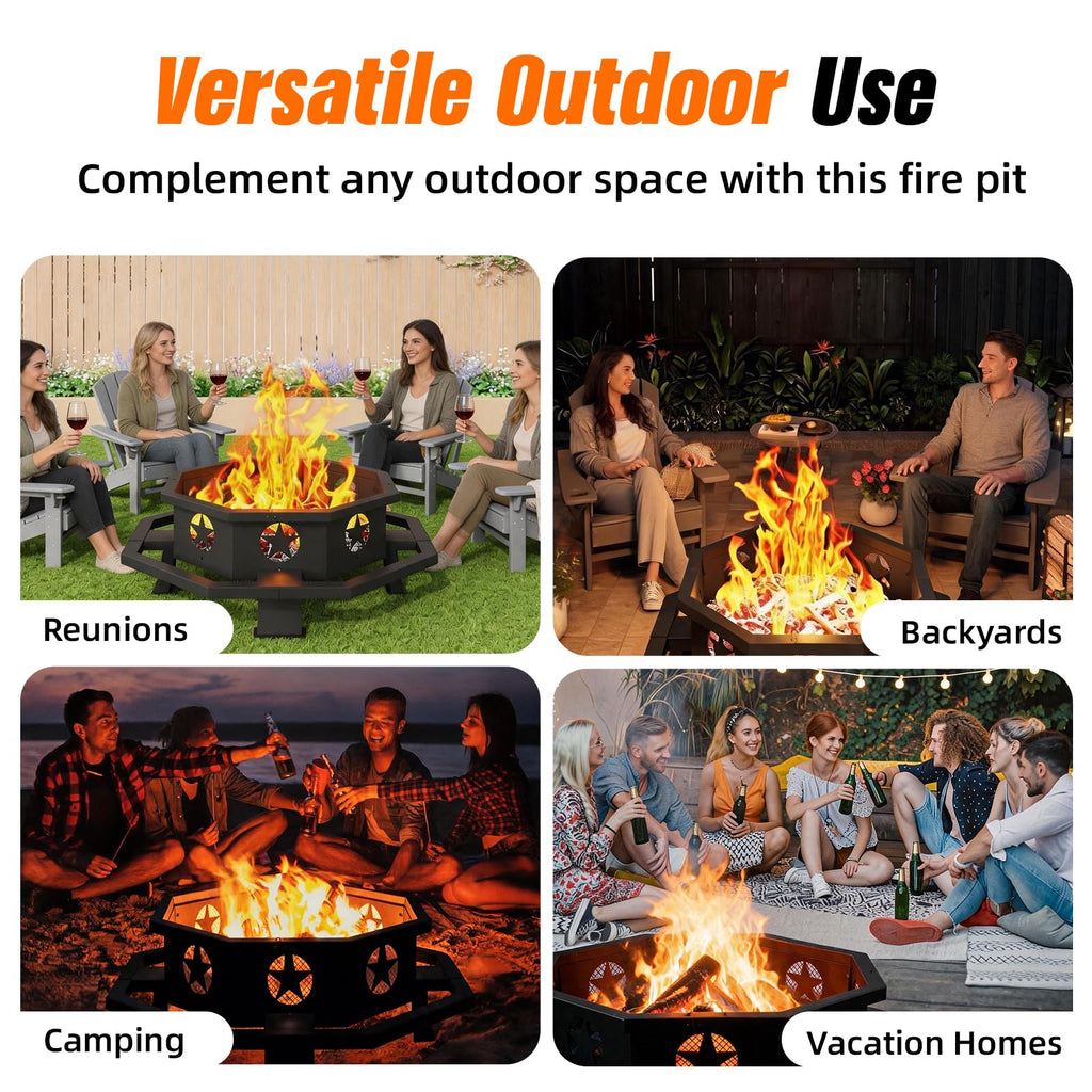 45 Inch Fire Pit for Outside Wood Burning, Outdoor Octagonal Fire Pit with Poker, Large Firepit for Camping