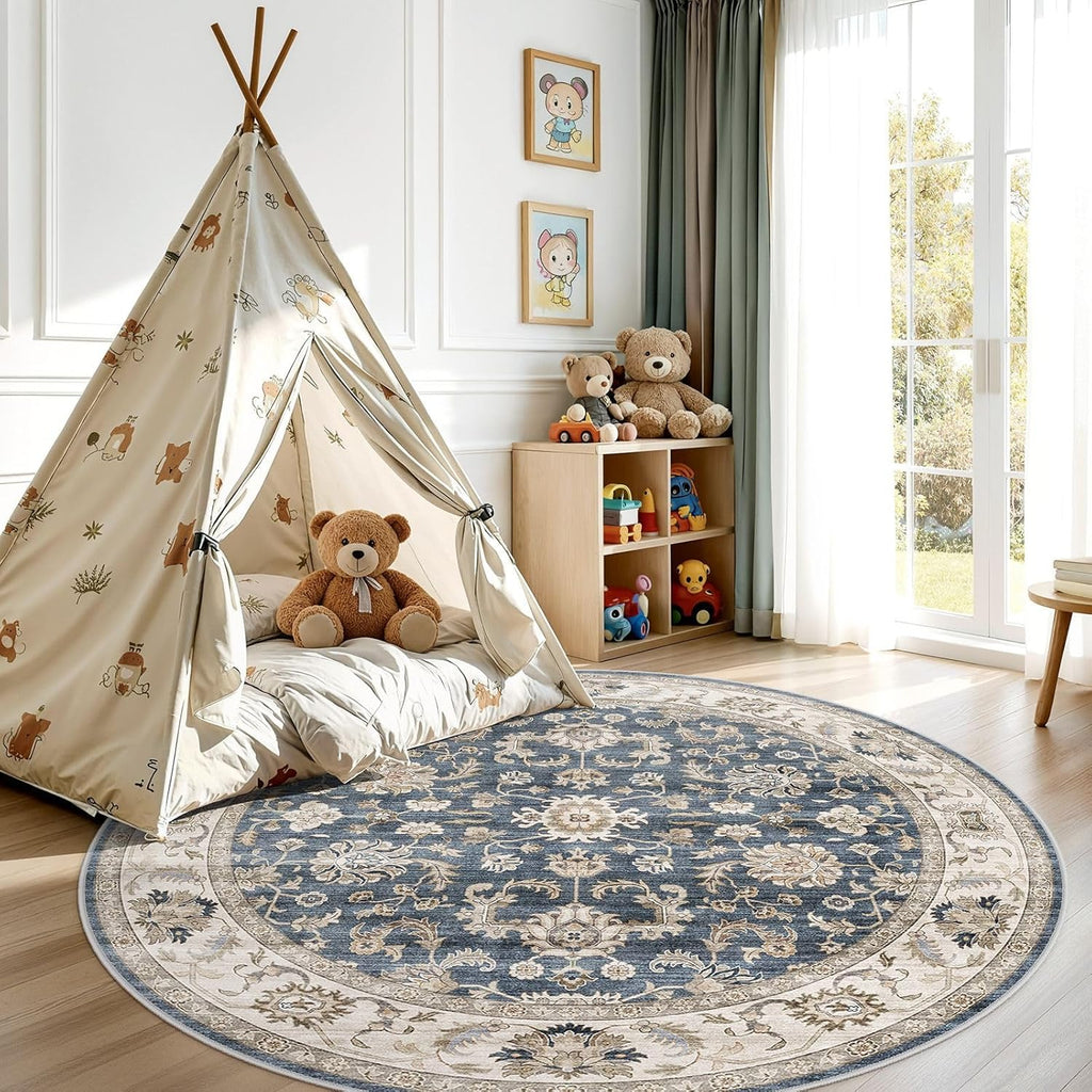 8ft Round Area Rugs for Living Room: Non-Slip Washable Vintage Soft Large Circle Rug - Soft Low Pile