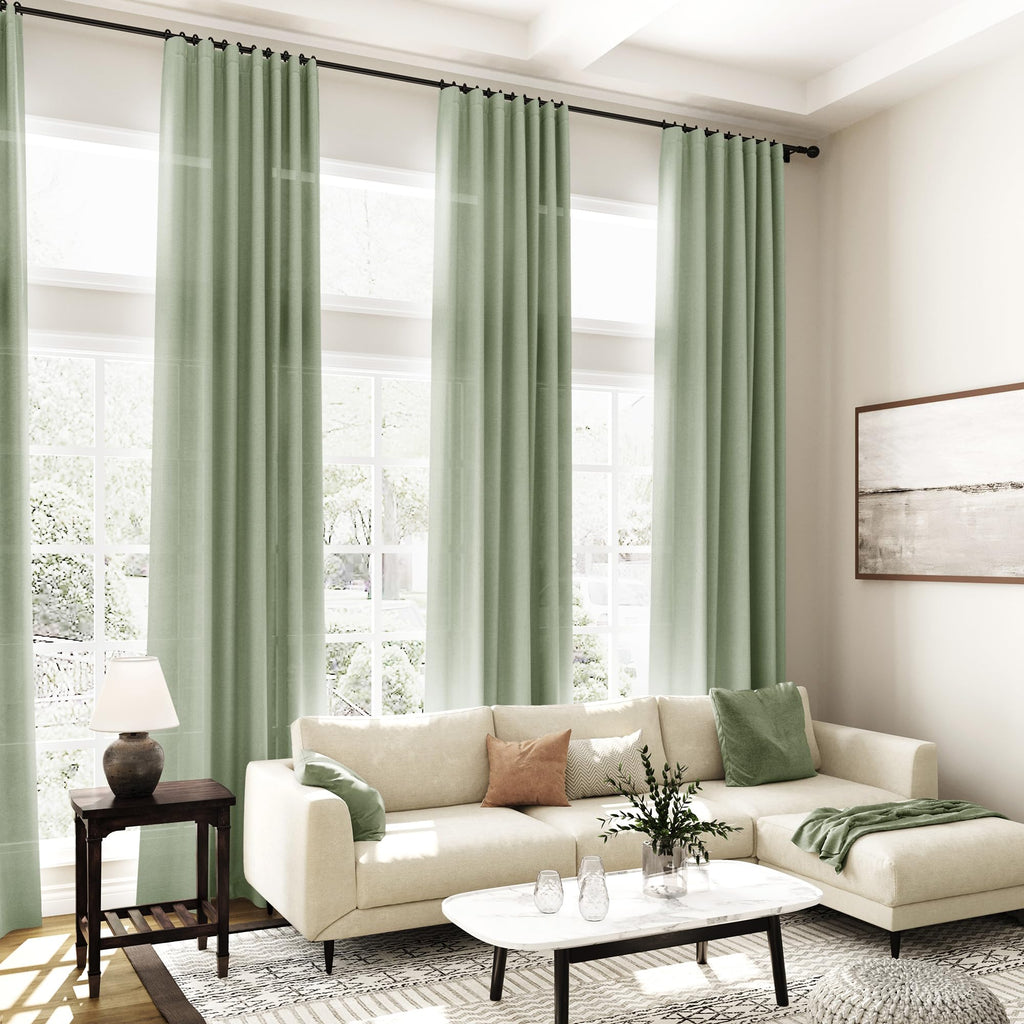 Extra Long Light Sage Linen Curtains 120 Inch 2 Panels Set Rod Pocket Back Tab Soft Linen Window Drapes Semi Sheer
