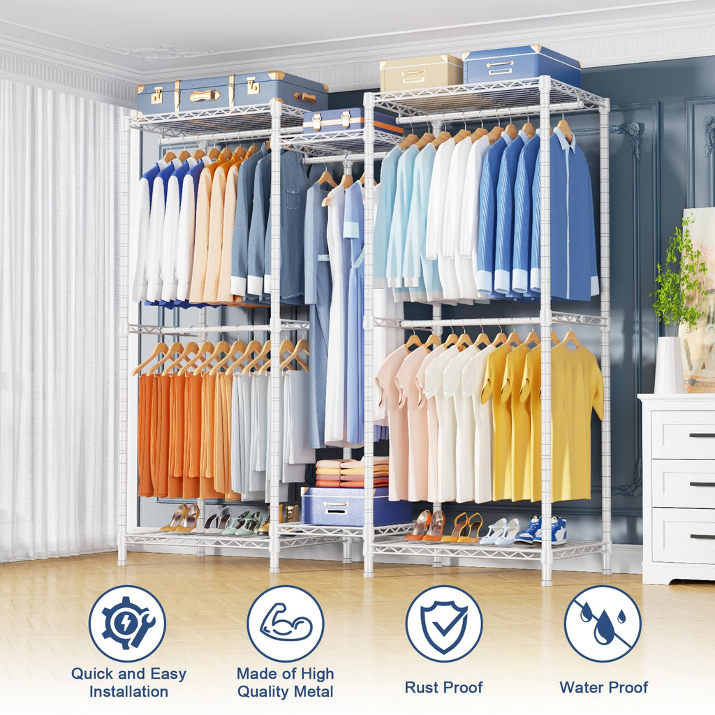 E12 Clothes Rack, Heavy Duty Freestanding Garment Rack with Shelves, Clothing Closet Storage System for Hanging