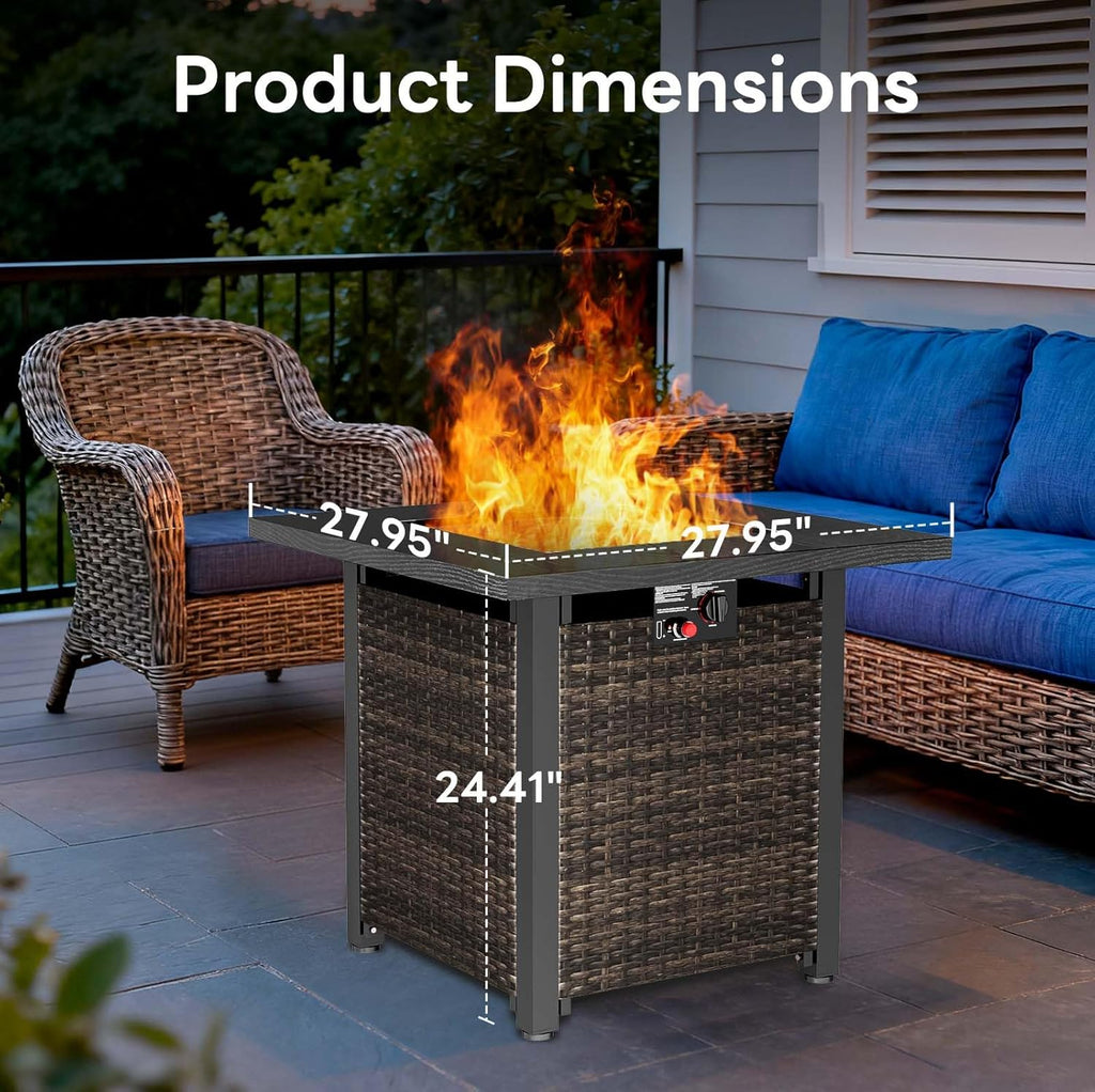 28” Outdoor Fire Pit Table 50,000 BTU, 2-in-1 Rattan Propane Firepit Table with Glass Stones & Lid, Square Fire Table for Patio, Backyard, Deck, or - Image 2