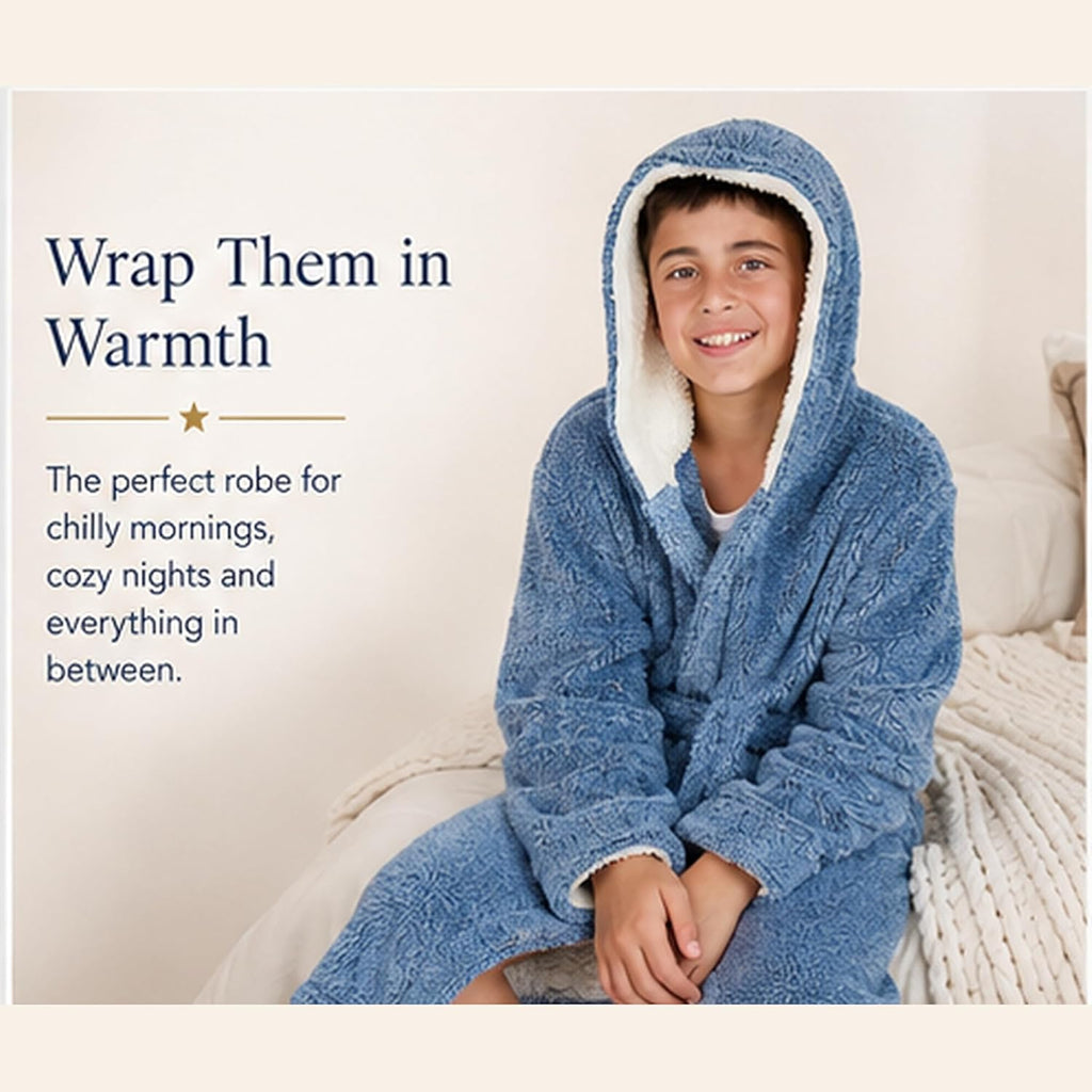 Hooded Plush Robe For Boys- Fluffy Winter PJ Robe With Pockets, Hoodie & Belt- Boys And Teens' Ultra-Soft Bathrobe