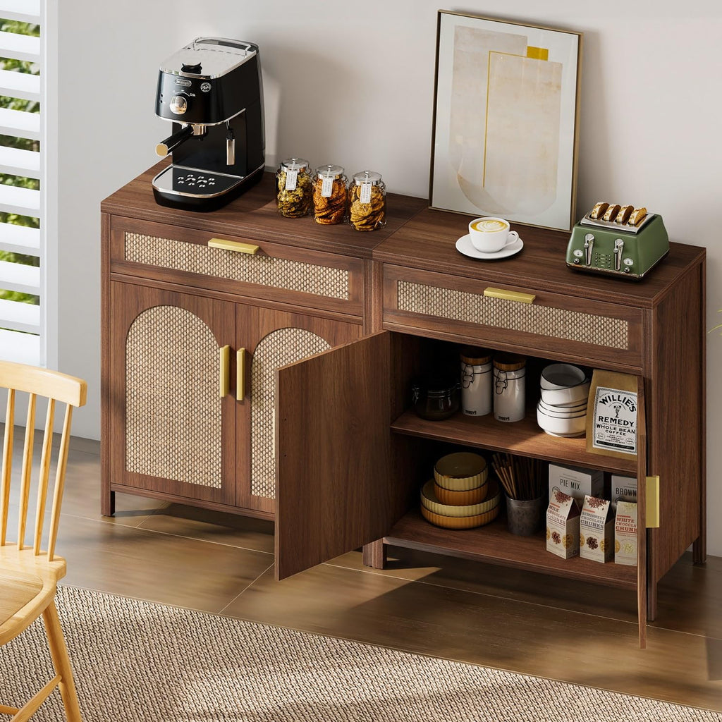 Rattan Buffet Cabinet with Storage Set of 2, Sideboard Cabinet with Doors and Shelves, Accent Coffee Bar with