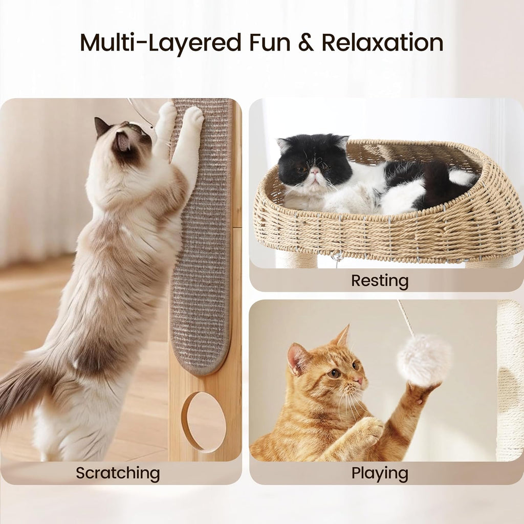 59-inch Cat Tree, Cat Tower with Scratching Post, Extra Long Sisal Blanket, Handwoven Basket & Space Capsule Nest