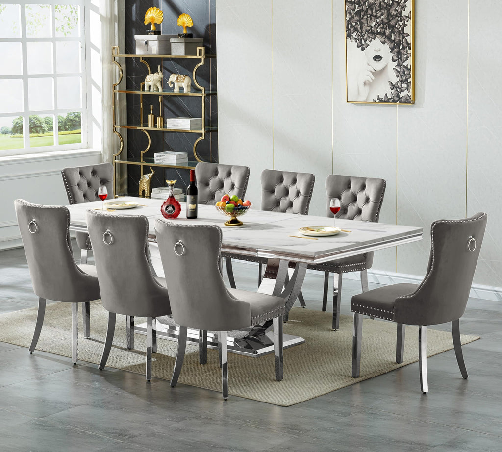 Large 94.5" Marble Dining Table, Luxurious White Dining Room Table with Printed Faux Marble Tabletop and Silver