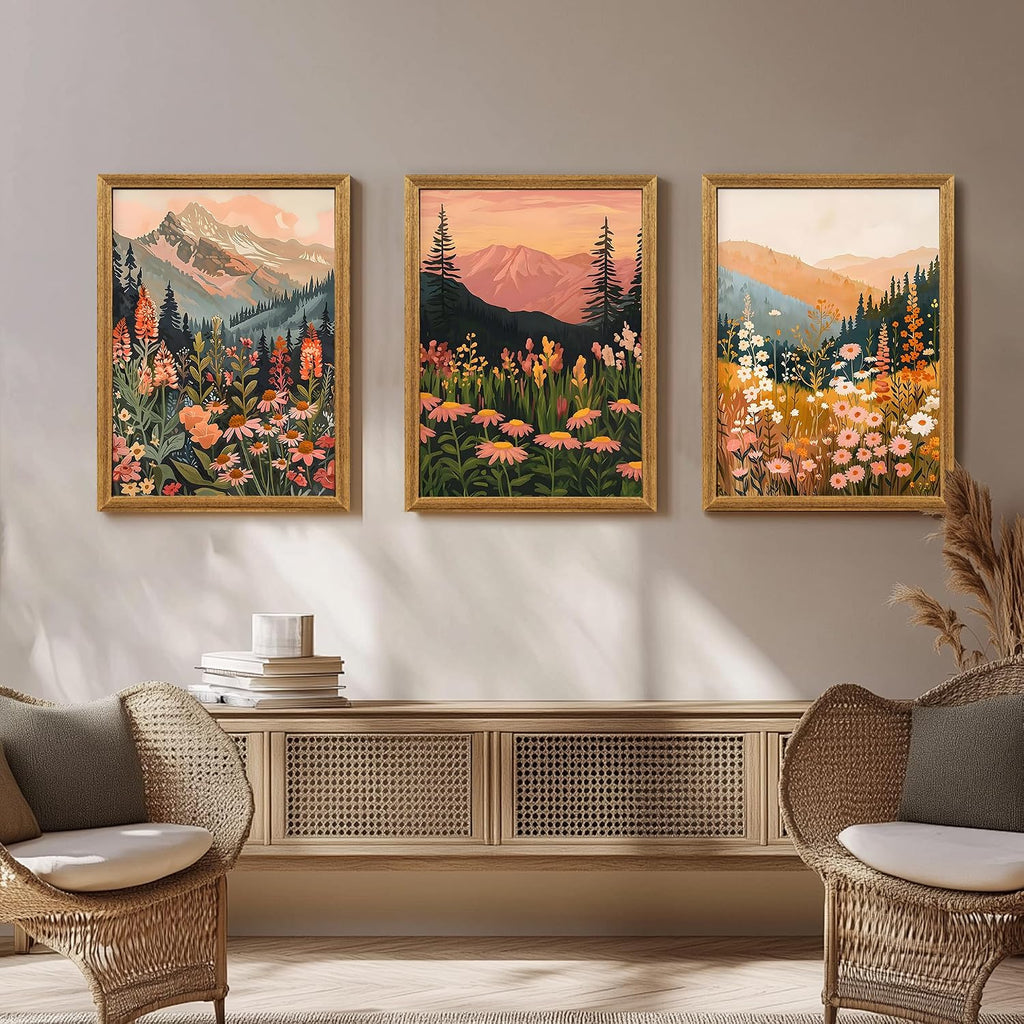 Framed Boho Abstract Landscape Mountain and Floral Canvas Wall Art Set of 3, Colorful Nature Botanical Paintings