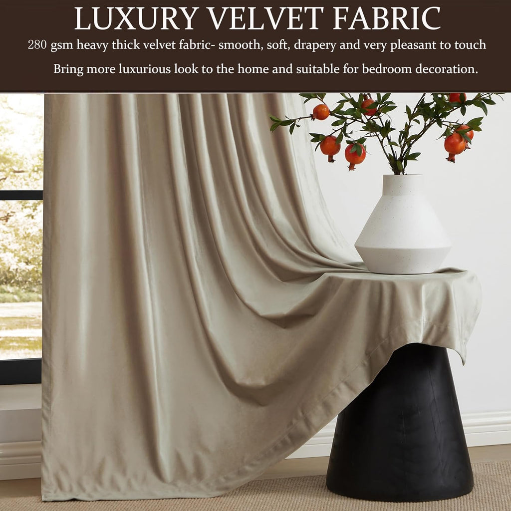 100% Full Blackout Champagne Beige Velvet Curtains 84 inch Long,Set of 2 Liner Rod Pocket Back Tab Thermal Window
