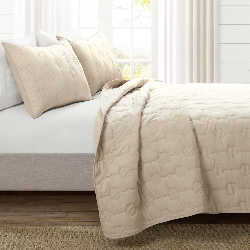 Hexagon Honeycomb Embroidered Textured Cotton 3 Piece Quilt Set, Neutral