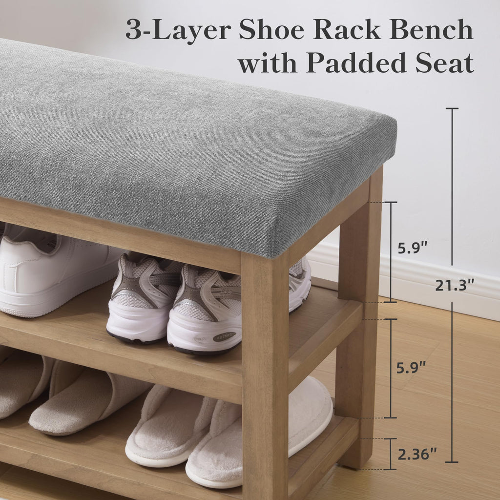 Shoe Rack Bench with Cushion, 2 Tier Solid Wood Storage Bench, Mid-Century Modern Shoe Bench, Closet, Front Door