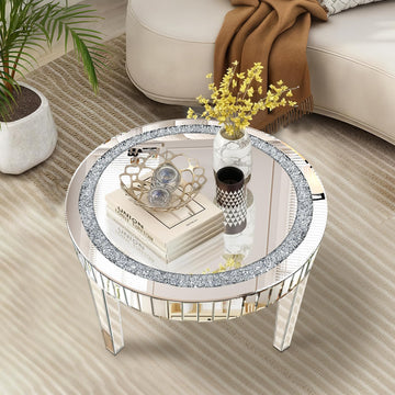 Silver Mirrored Coffee Table with Crystal Inlay, Round Glass Tea Table with Mirrored Finish, Modern Center Table
