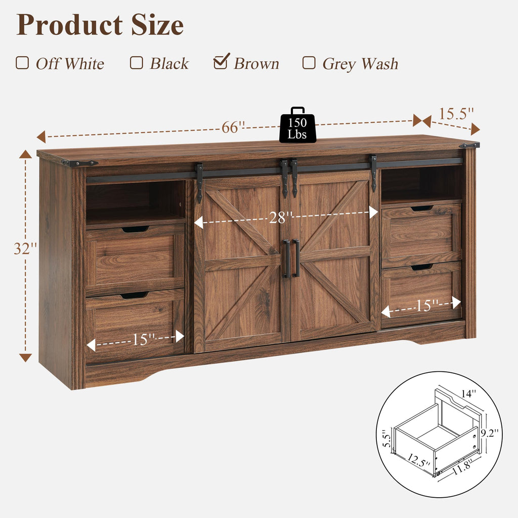 Farmhouse 66"TV Stand for 75+ Inch TV, With 4 Drawers & Sliding Barn Door