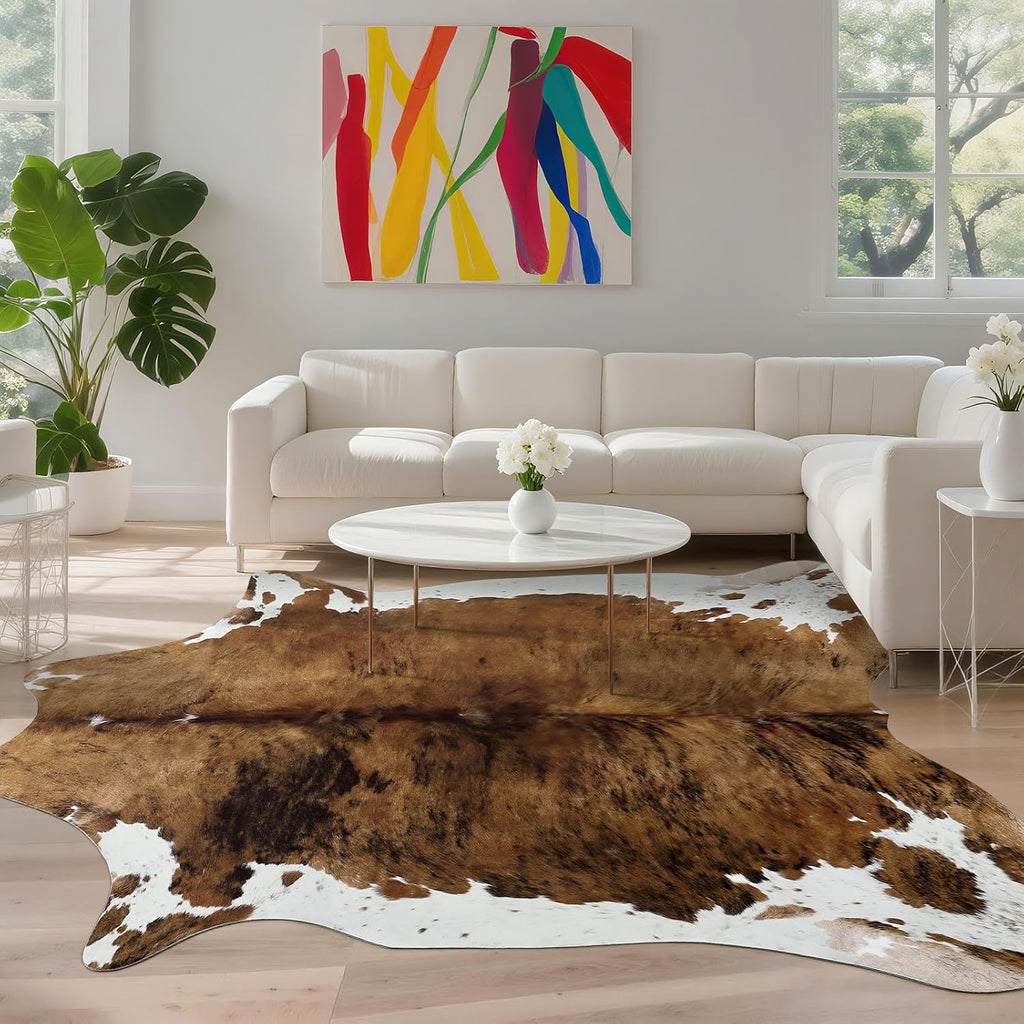 Faux Cowhide Print Rug, 4. .2 ft Brown Western Animal Cow Hide Rugs, Non Slip Cool Cow Skin Carpet Dining Room