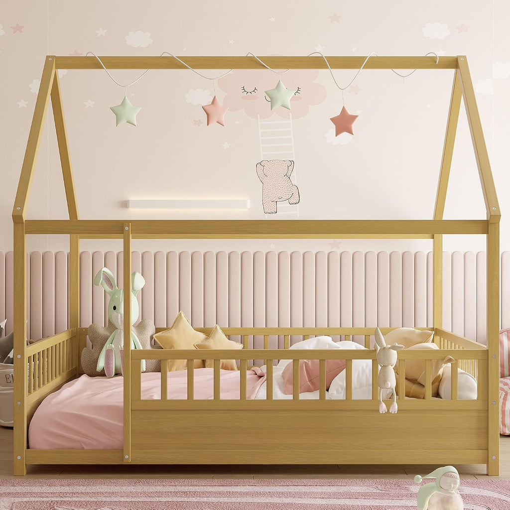 Montessori Floor Bed with High Fence, Roof and Door, Wood Montessori Bed, House Beds for Kids