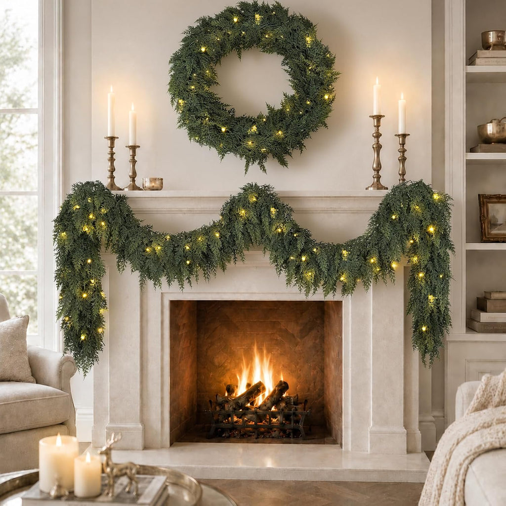 9FT Pre-lit Christmas Garland with Lights Cedar Garland Christmas Decor