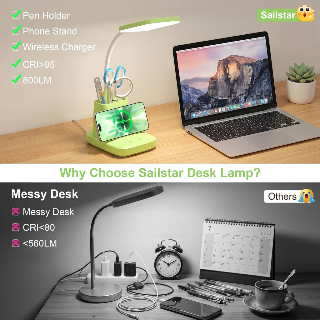 LED Desk Lamp with 10W Wireless Charging & Pen Holder, Light Green