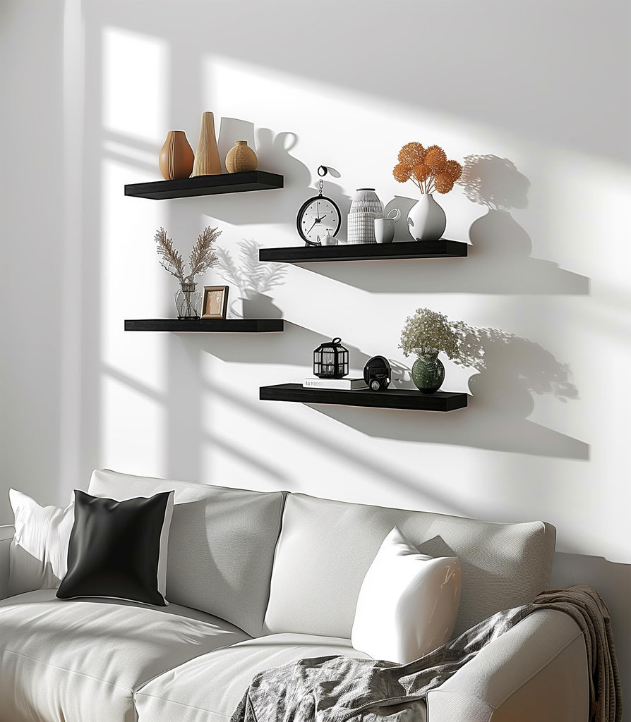 Wood Floating Shelves for Wall, Wooden Wall Shelves, Set of 6 Black 17 Inch
