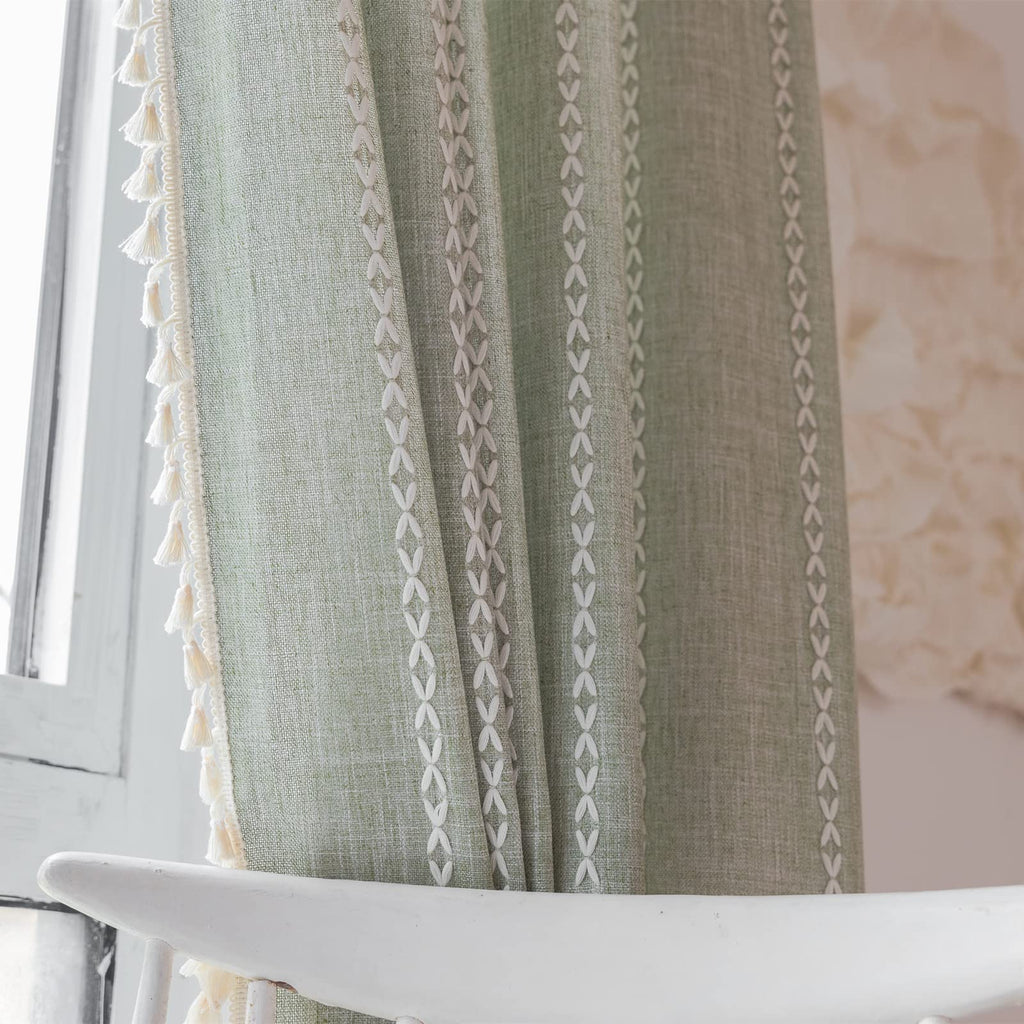 Green Modern Farmhouse Textured Curtains Living Room 72''L x 52''W Light Filtering French Country Boho Chic Tassel