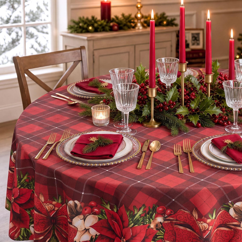 Christmas Plaid Round Tablecloth 70 Inch, Red Checkered