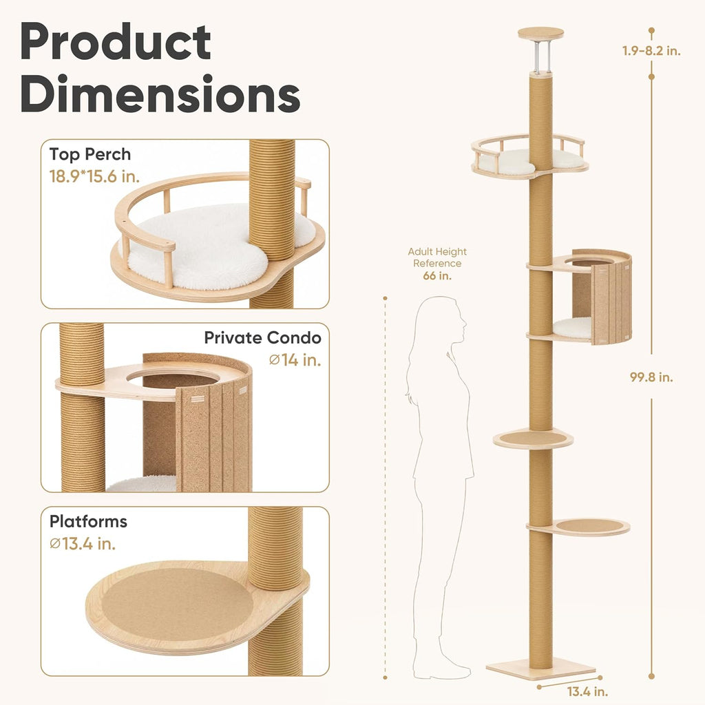 Floor to Ceiling Cat Tree, 78-108in (6.5-9ft) Adjustable Cat Tower