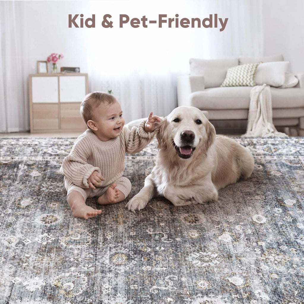 9x12 Rug Washable Boho Soft Large Area Rug Non-Slip Faux Wool Vintage Rug for Living Room, Farmhouse