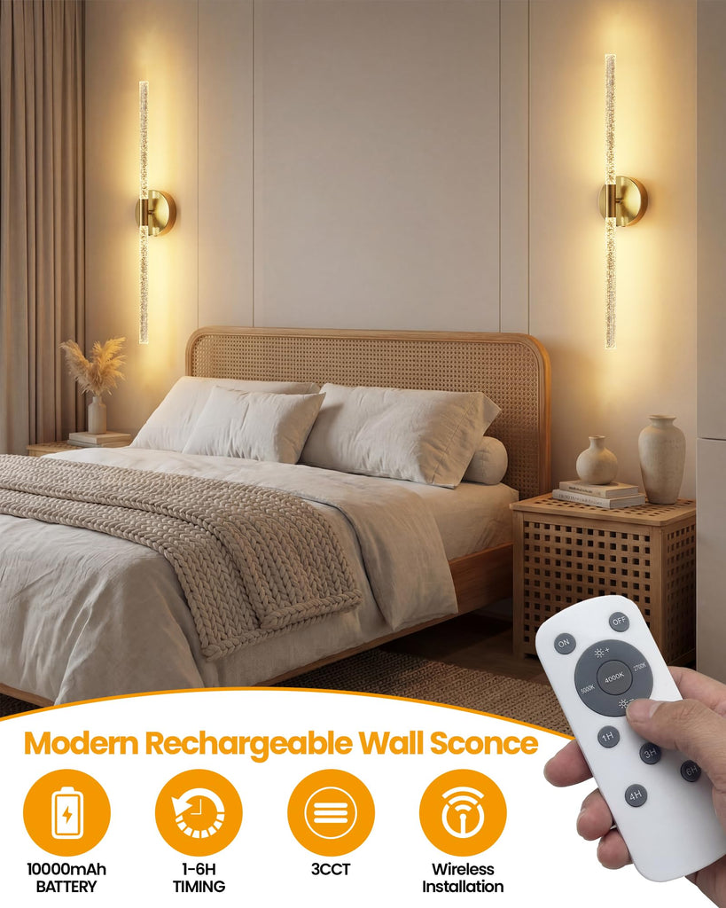 Crystal-Inspired Bubble Battery Operated Wall Sconce Set of 2, 10000mAh 3 Color Temps Rechargeable Wall Lights with