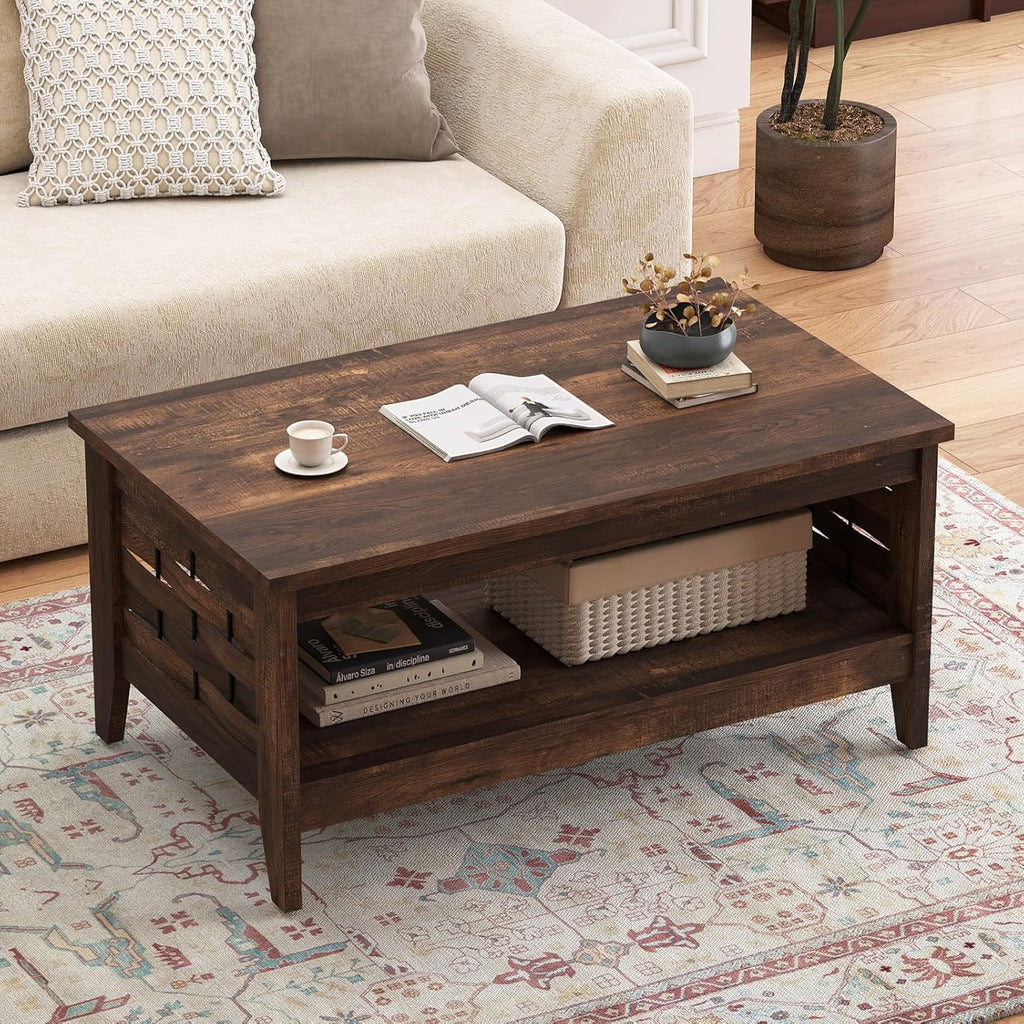 Farmhouse Coffee Table, 2-Tier Center Table with Storage Open Shelf & Woven Slatted Design
