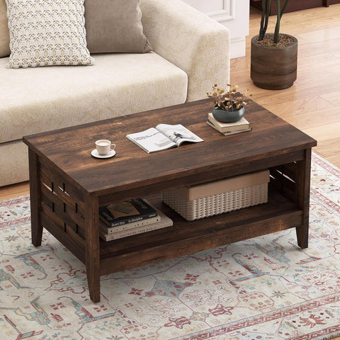 Farmhouse Coffee Table, 2-Tier Center Table with Storage Open Shelf & Woven Slatted Design