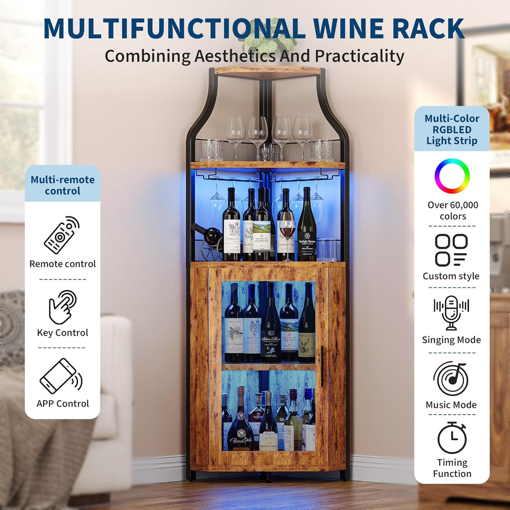 Corner Bar Wine Cabinet with LED Lights, 5-Tier Industrial Wine Cabinet with Glass Holder, Modern Liquor Cabinet with
