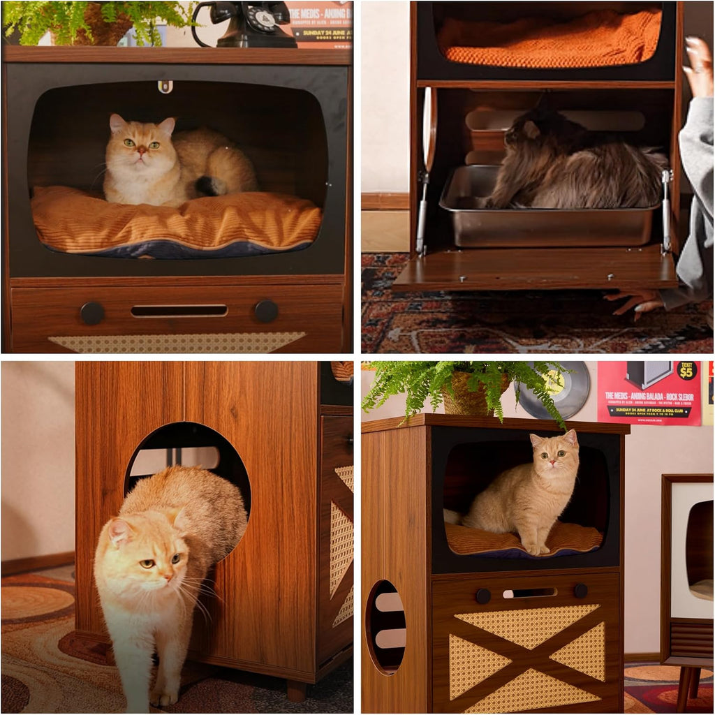 2-Tier TV Shaped Cat Litter Box Enclosure with Rattan Scratch Board