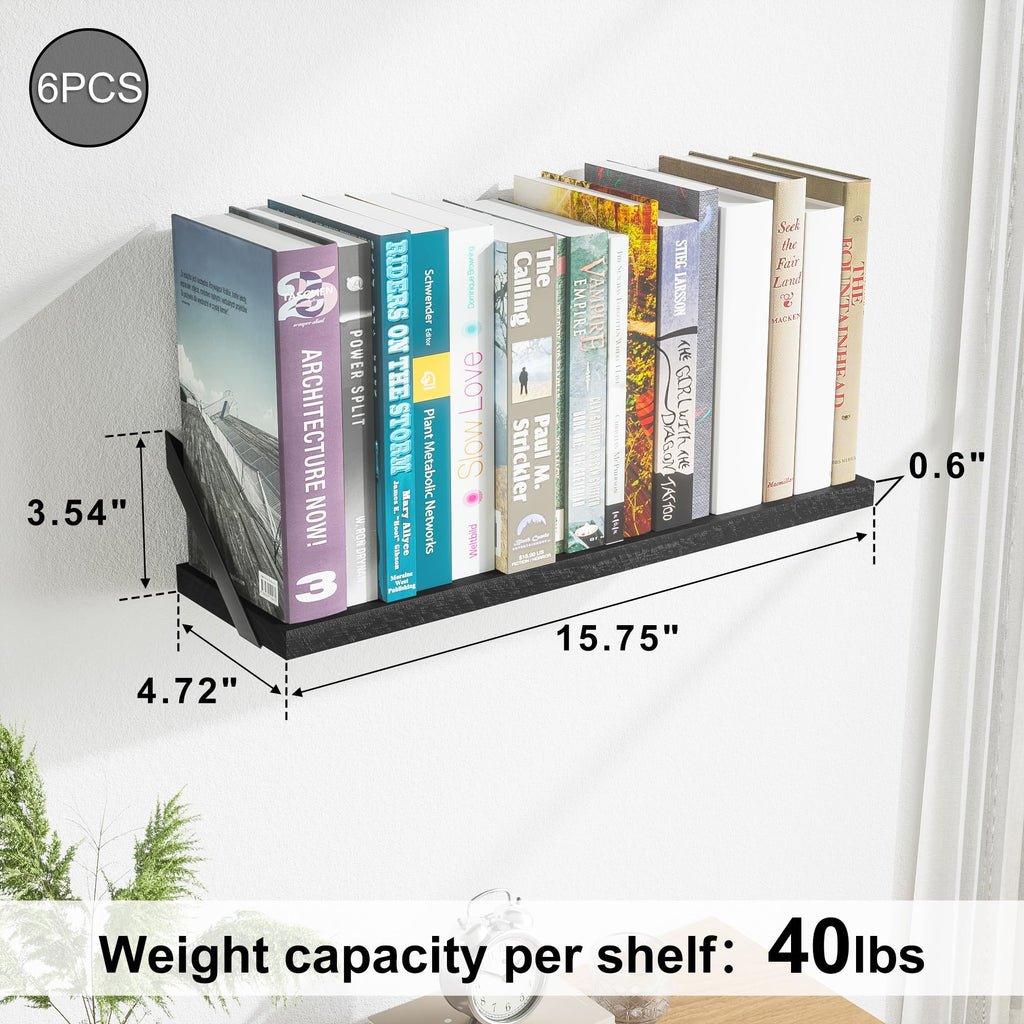 Black Floating Shelves, 6-Piece Set Wood Wall Storage Unit