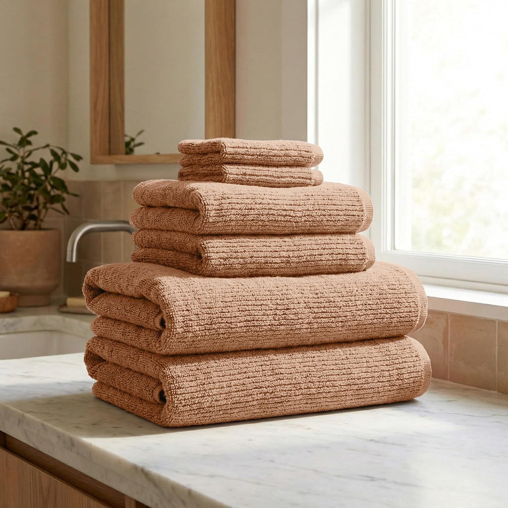 Turkish Cotton 6 Piece Towel Set - Absorbent, Quick-Drying, Ribbed Bath Towels - Zero-Twist Fibers (Adobe)