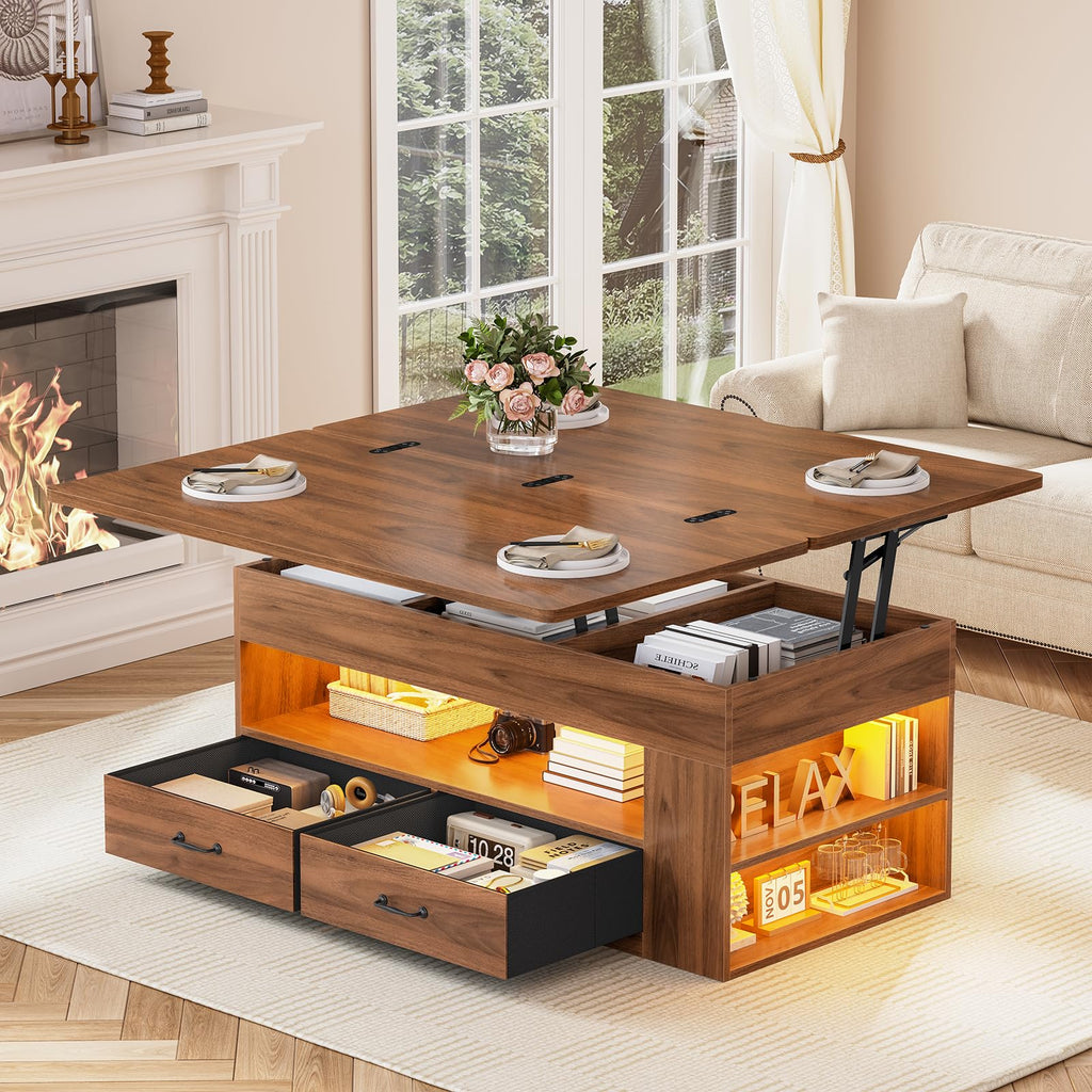 Lift Top Coffee Table, 4 in 1 Coffee Tables with Storage and Hidden Compartment, Farmhouse Coffee Table with 2 Fabric