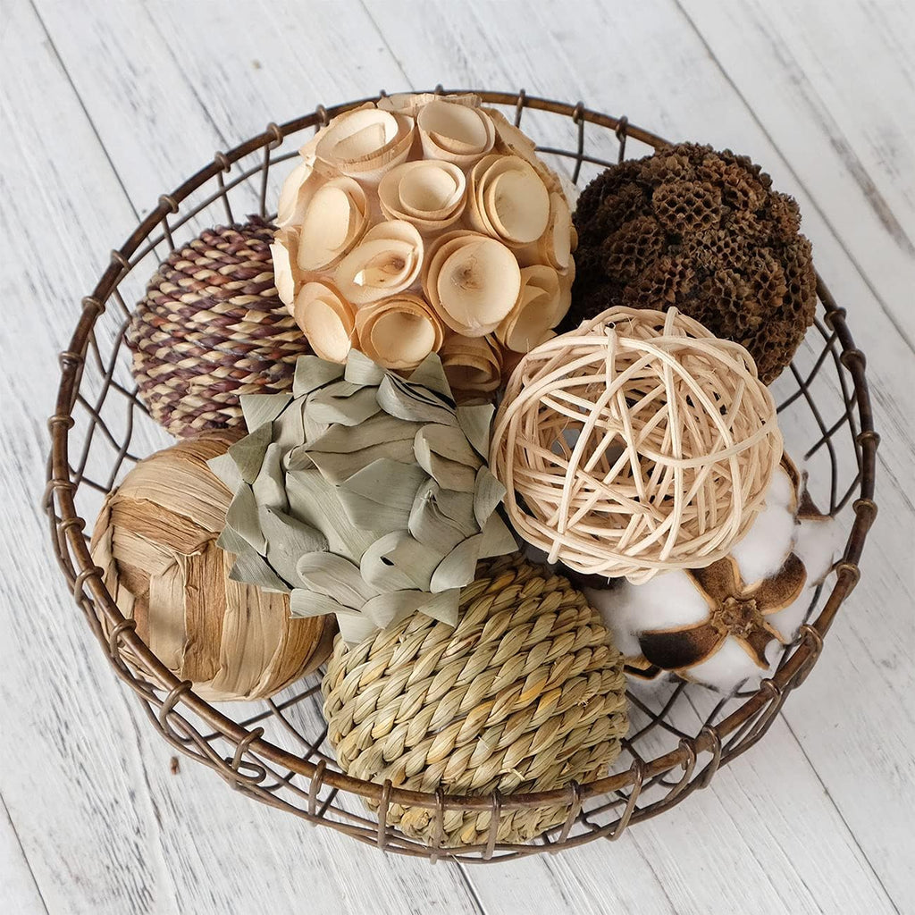 Decorative Balls Spherical Assorted Brown White Orbs Rustic Natural Twig Rattan Woven Cotton Balls for Vase Bowl - Set of 9