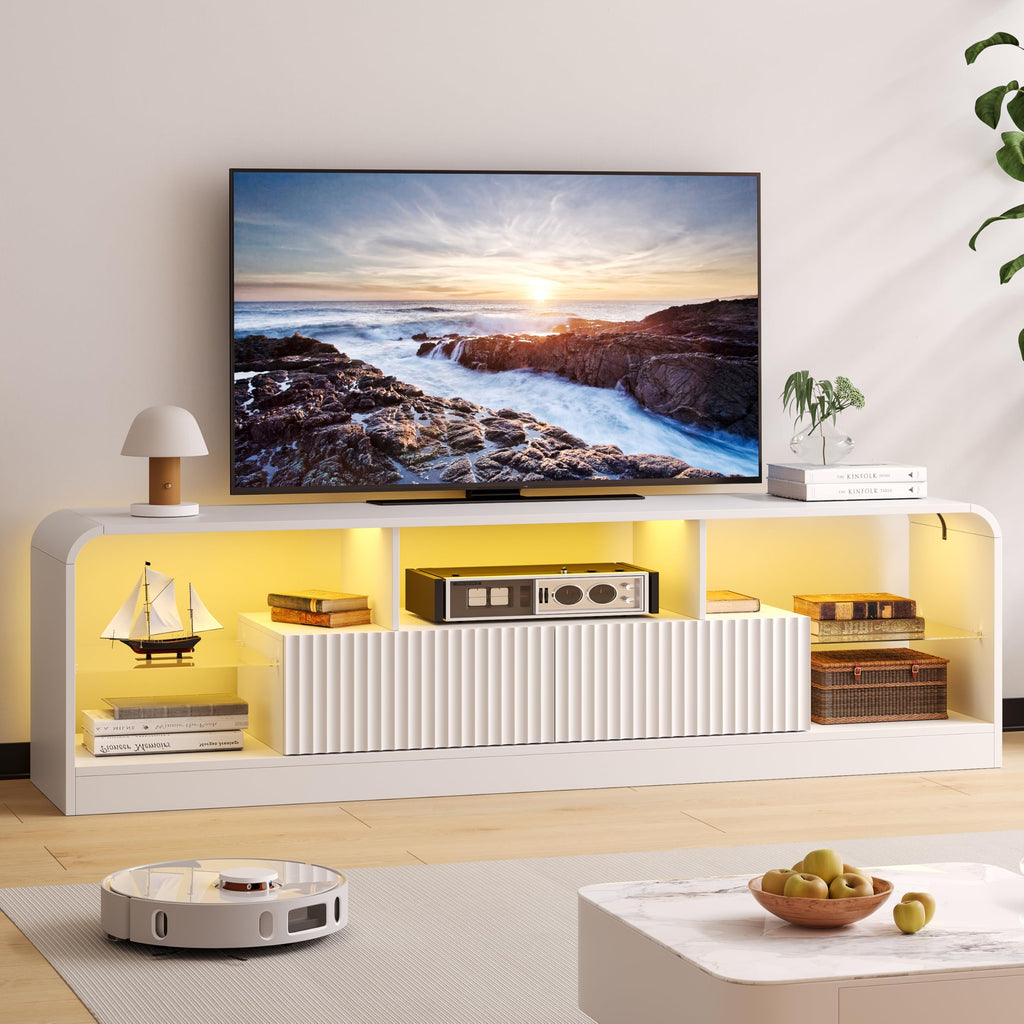 For 60/65/70 Inch TVs, Modern Curved TV Console with LED Lights, 2 Drawers & Glass Shelves, Living Room Entertainment