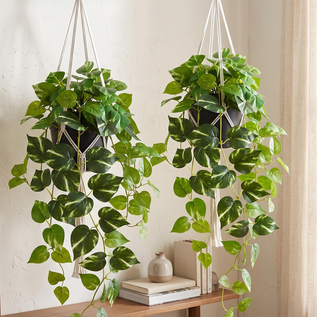 Fake Pothos Hanging Plants, 33", Variegated, with Plastic Pot, Indoor Decor, 2 Pack