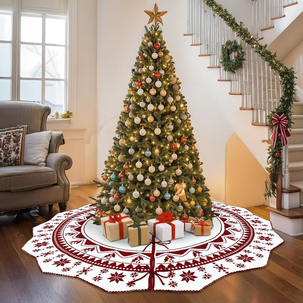 72 Inch Christmas Tree Skirt, Large Double-Sided Knit Snowflake Tree Skirts