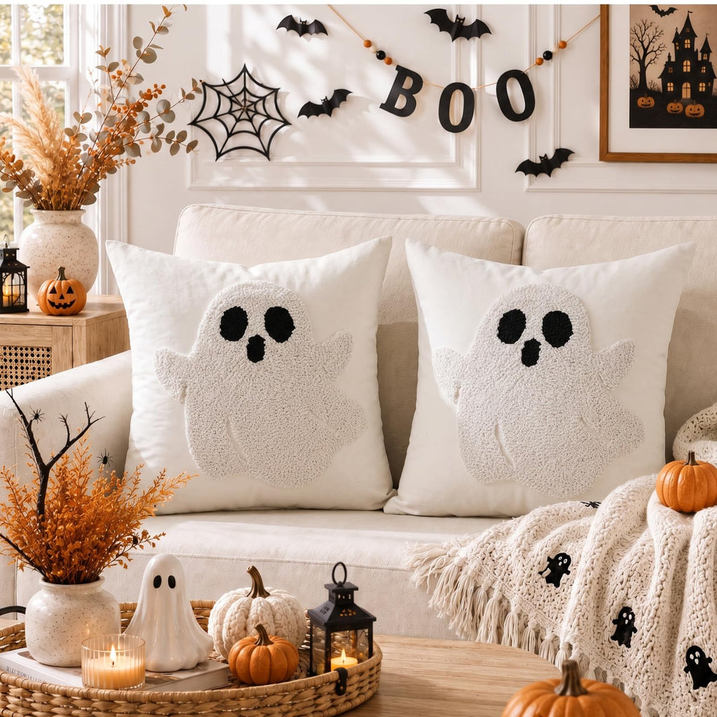 Halloween Loop Tufted Ghost Pillow Covers Set of 2 20x20, Beige