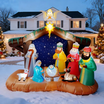 8FT Christmas Inflatables Nativity Scene Outdoor Decorations, Blow Up Yard Decor with Built-in LED Lights, Xmas